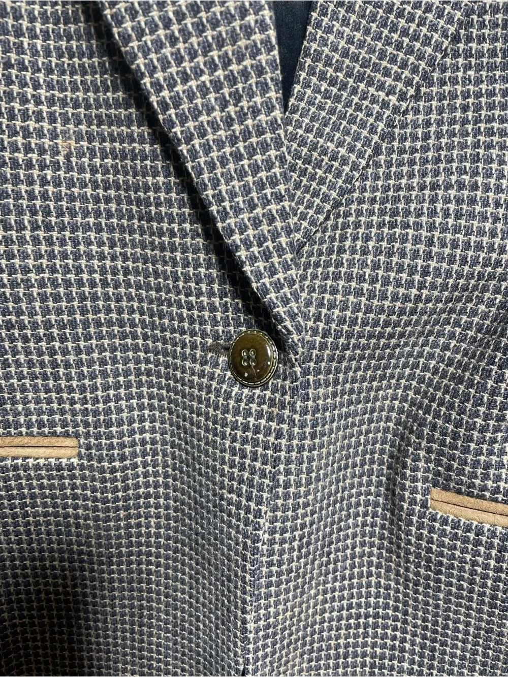 Harve Benard Brown Houndstooth Blazer with Tan Suede Collar